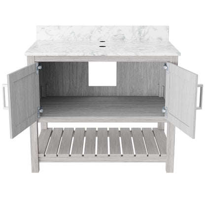 36-inch Novatto vanity with Carrara white marble countertop, showcasing its sleek design and elegant bathroom accessory.