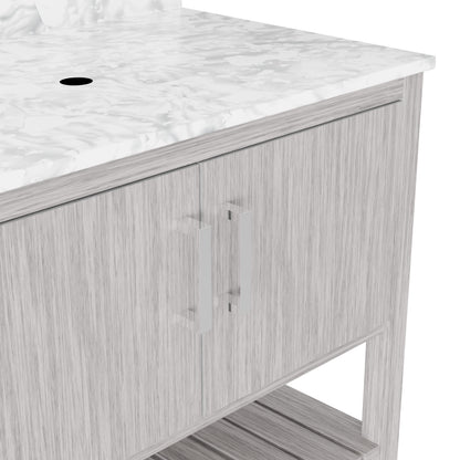 36-inch Novatto vanity with Carrara White marble countertop and modern design, featuring sleek storage cabinets.