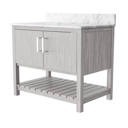 36-inch Novatto vanity with Carrara white marble countertop, featuring sleek bathroom accessory design and modern style.