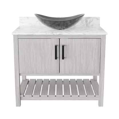 Novatto 36-inch bath vanity with Carrara white marble countertop and sink, modern bathroom accessory.