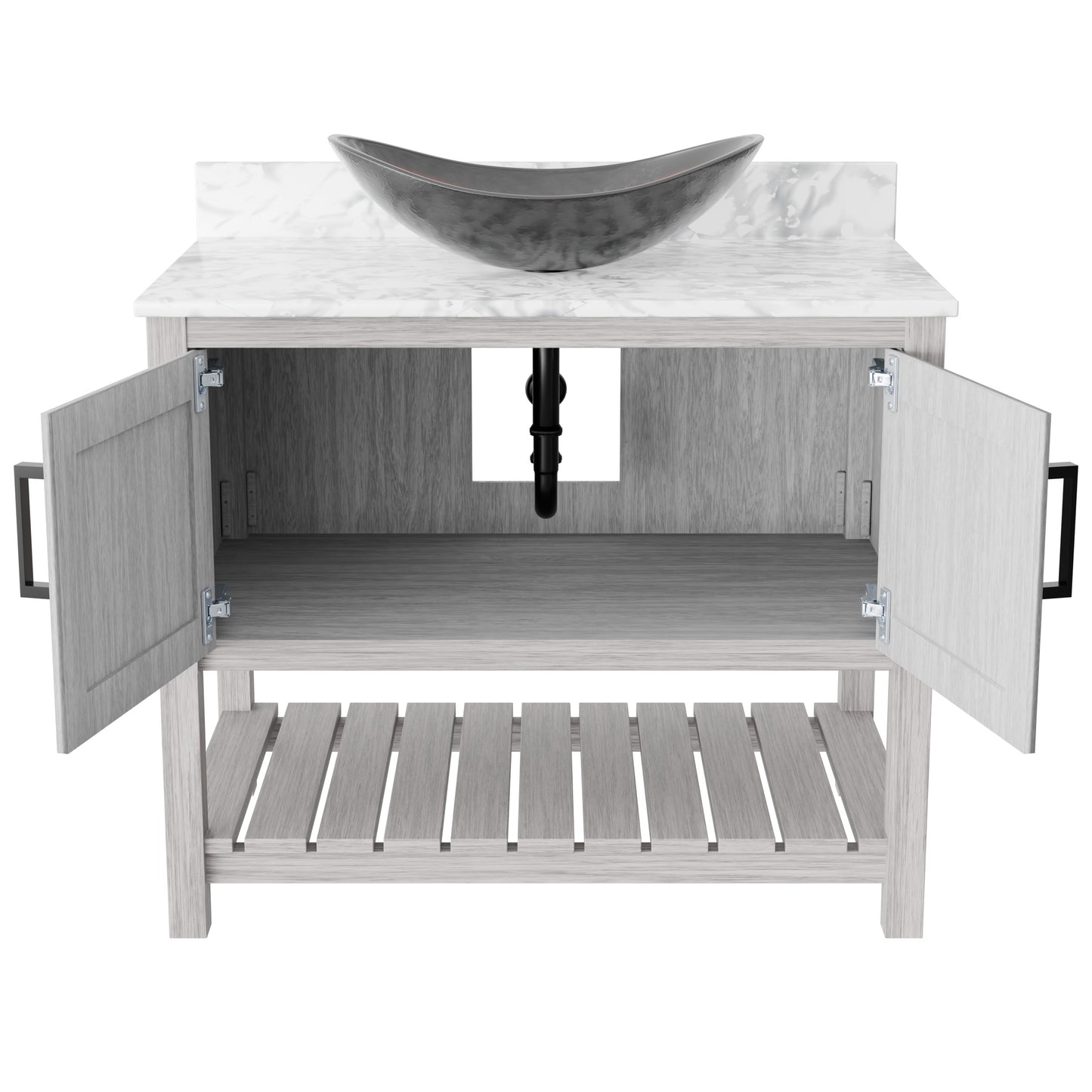 36-inch Novatto bath vanity with Carrara white marble counter and sink, showcasing its elegant design and natural stone finish.