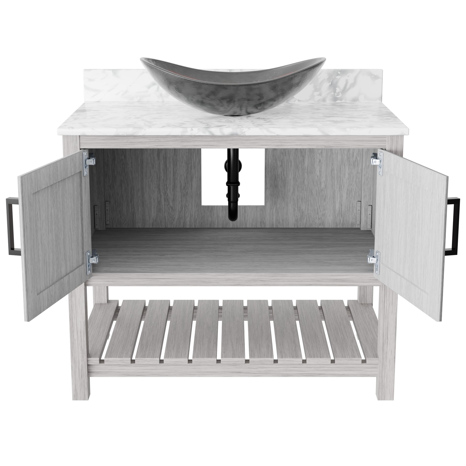 36-inch Novatto bath vanity with Carrara white marble counter and sink, showcasing its elegant design and natural stone finish.