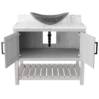 36-inch Novatto bath vanity with Carrara white marble counter and sink, showcasing its elegant design and natural stone finish.