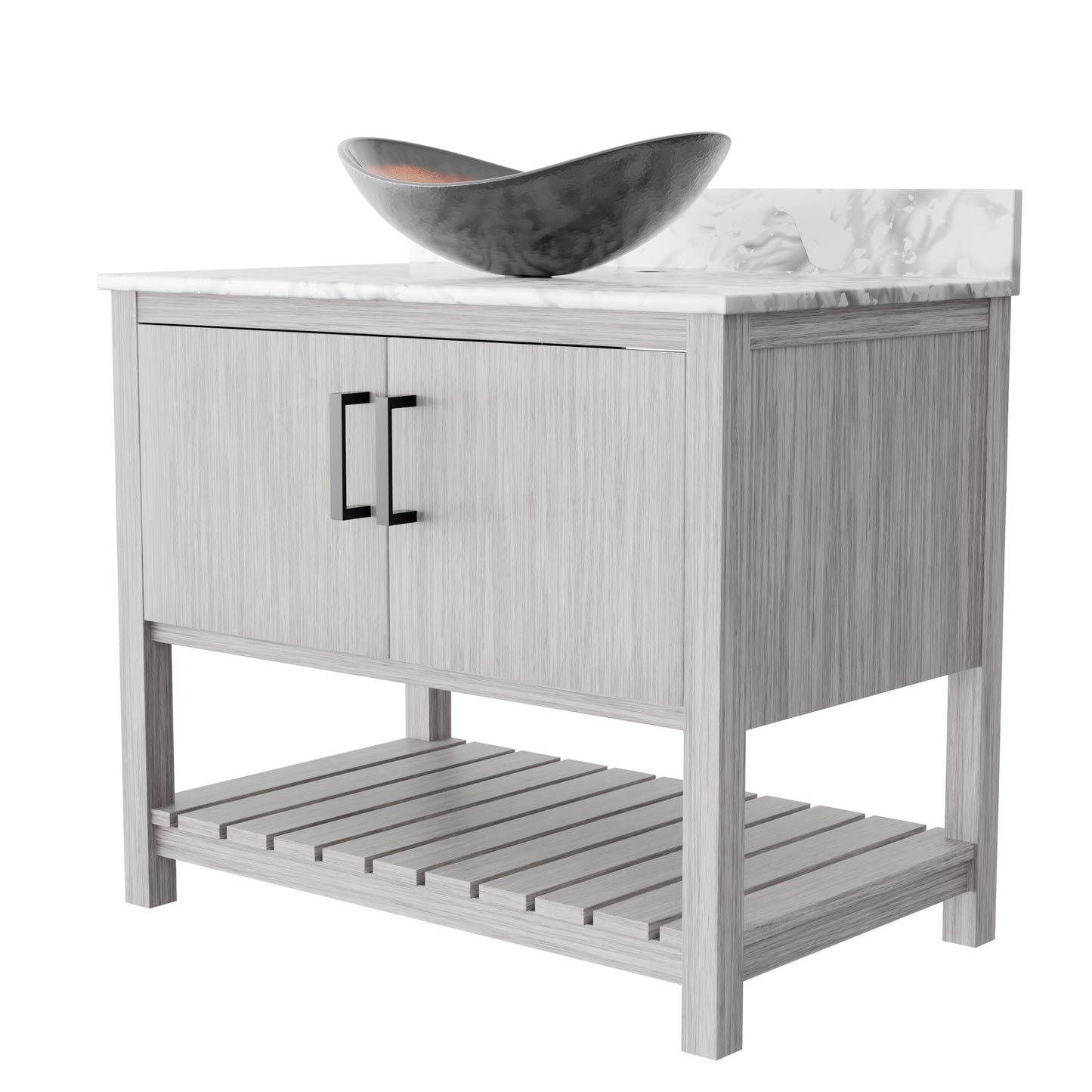 36-inch Novatto bath vanity with Carrara white marble countertop and integrated sink, modern bathroom accessory.