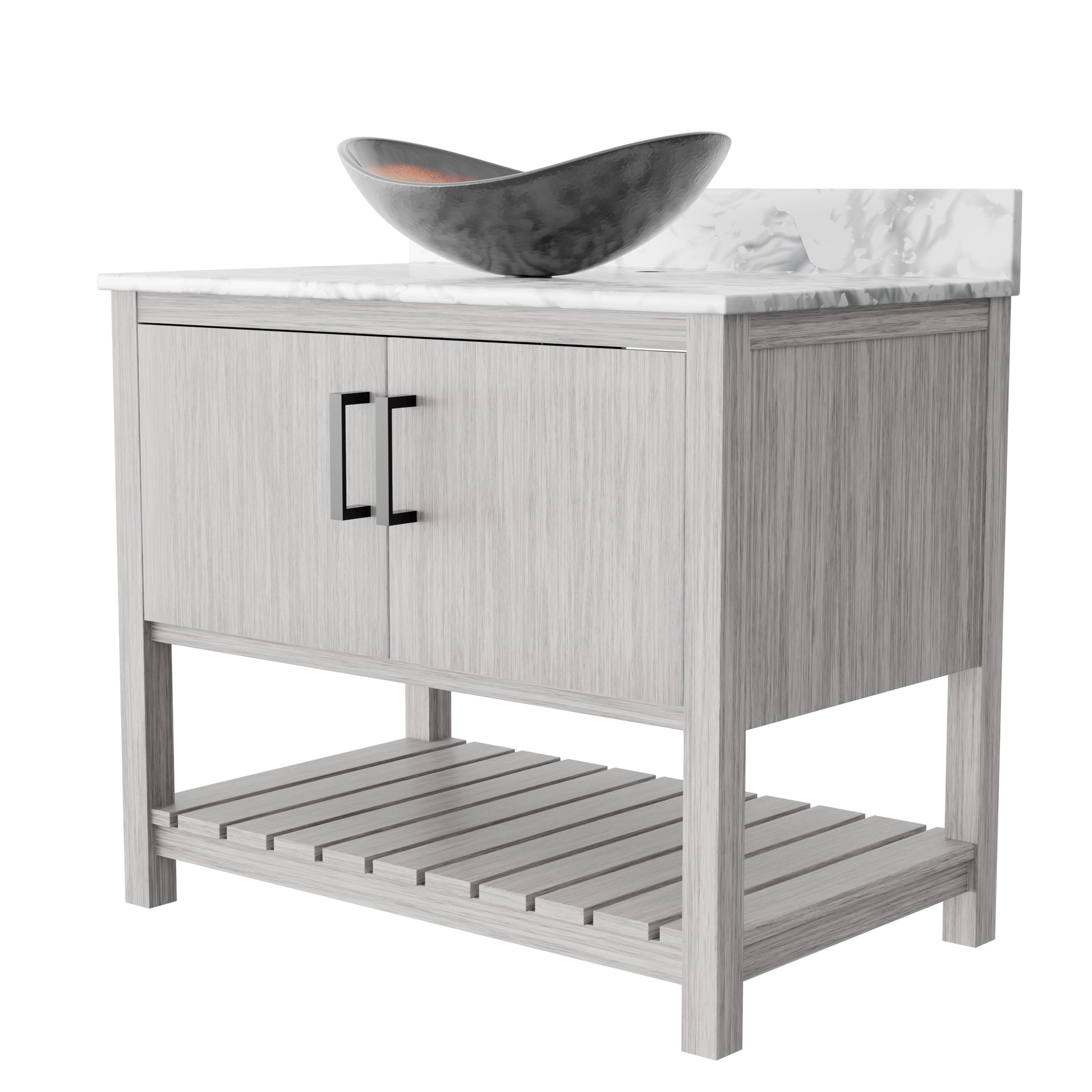 36-inch Novatto bath vanity with Carrara white marble countertop and integrated sink, modern bathroom accessory.
