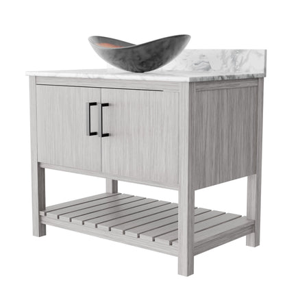36-inch Novatto bath vanity with Carrara white marble countertop and integrated sink, modern bathroom accessory.