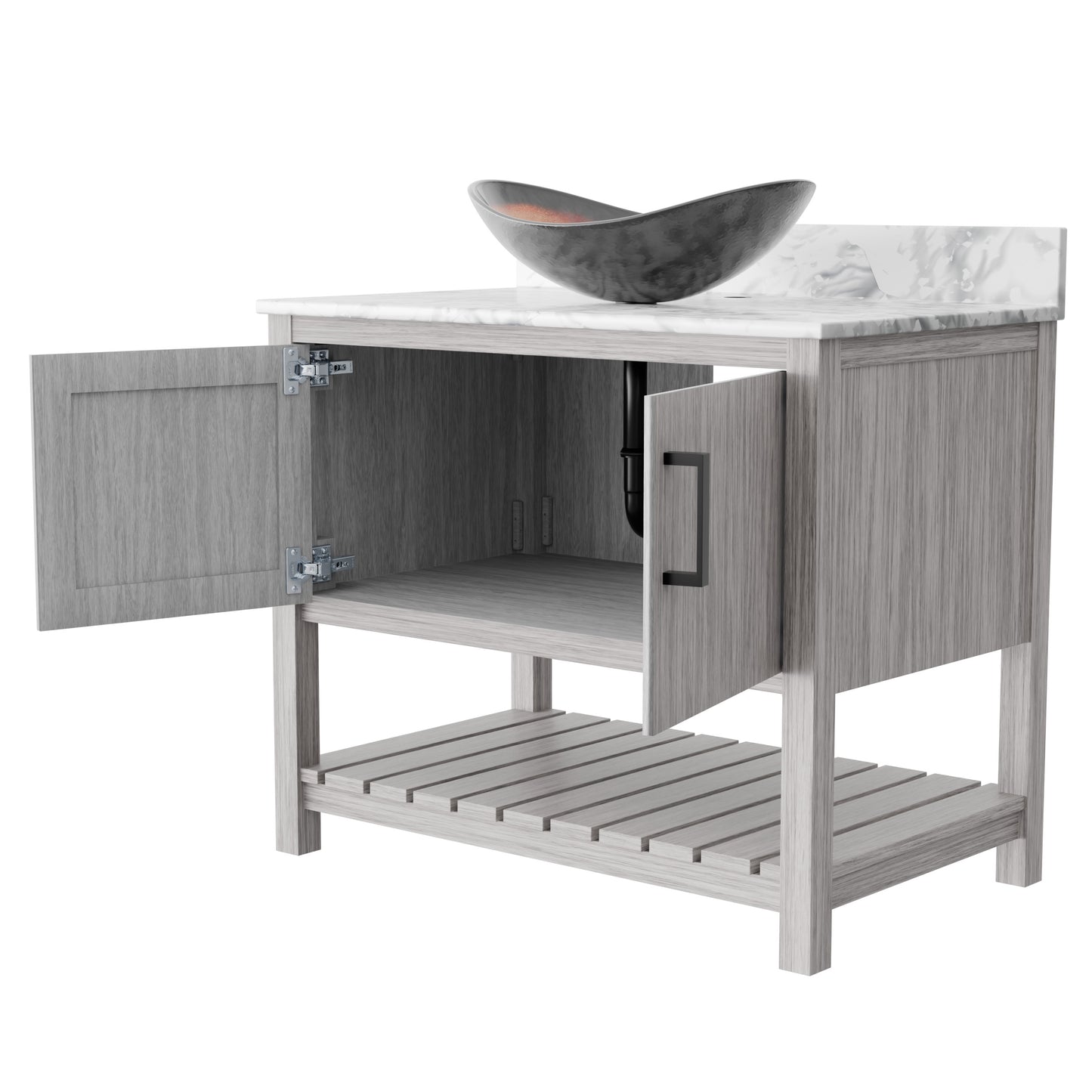 36-inch Novatto bath vanity with Carrara white marble counter and integrated sink, showcasing elegant bathroom accessory design.