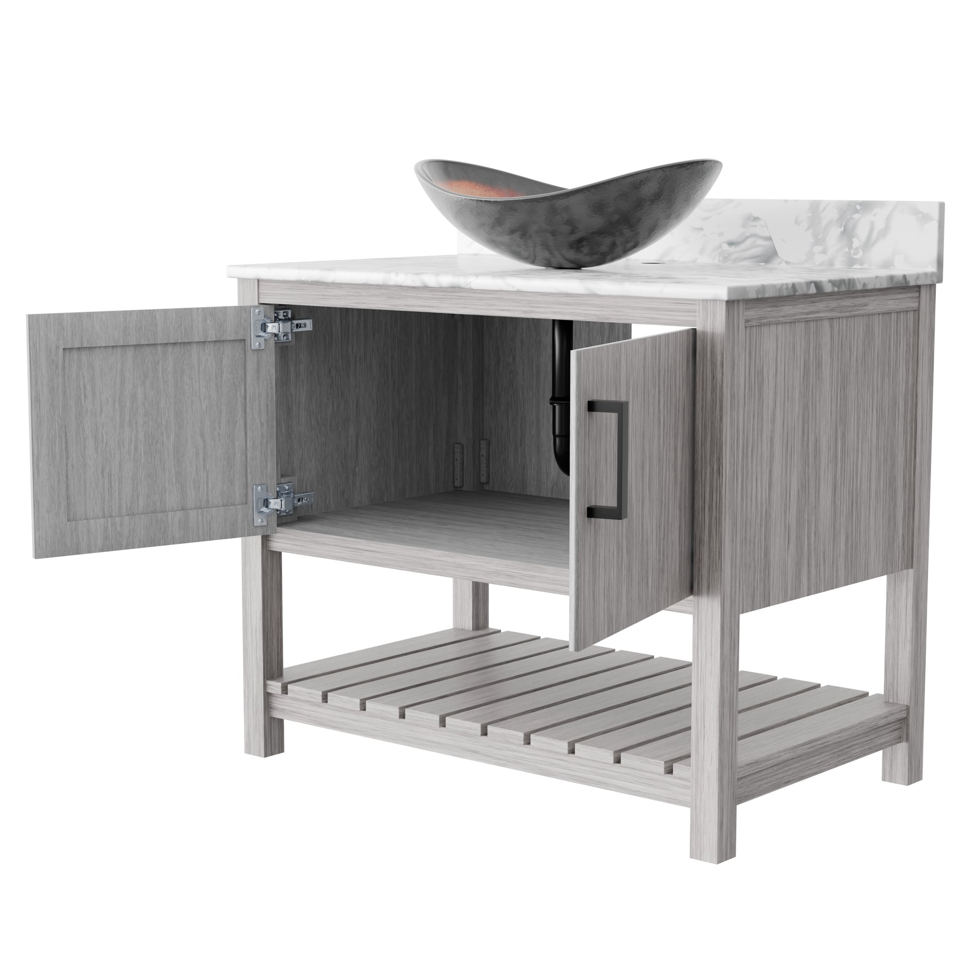 36-inch Novatto bath vanity with Carrara white marble counter and integrated sink, showcasing elegant bathroom accessory design.