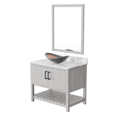 36-inch Novatto bath vanity with Carrara White marble countertop and integrated sink, showcased from a front angle.
