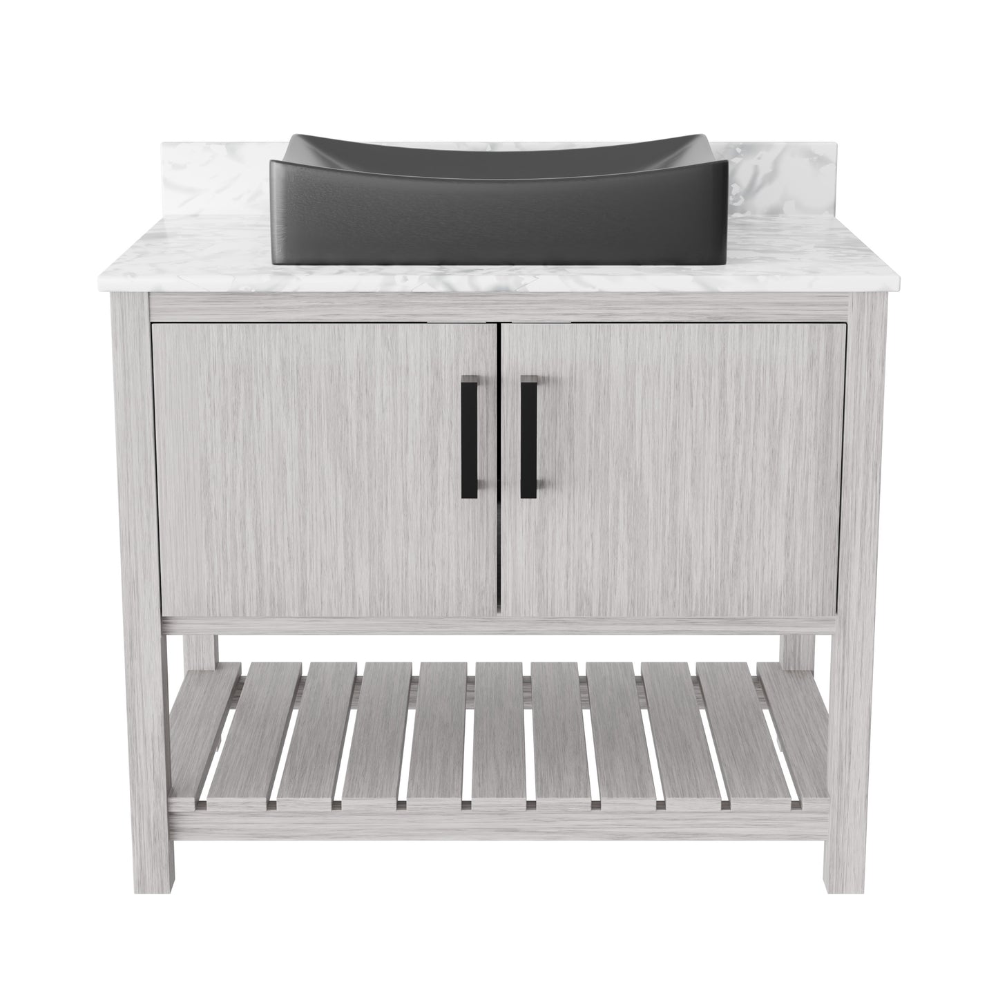 36-inch Novatto bath vanity with Carrara white marble countertop and sink, showcasing the elegant bathroom accessory.