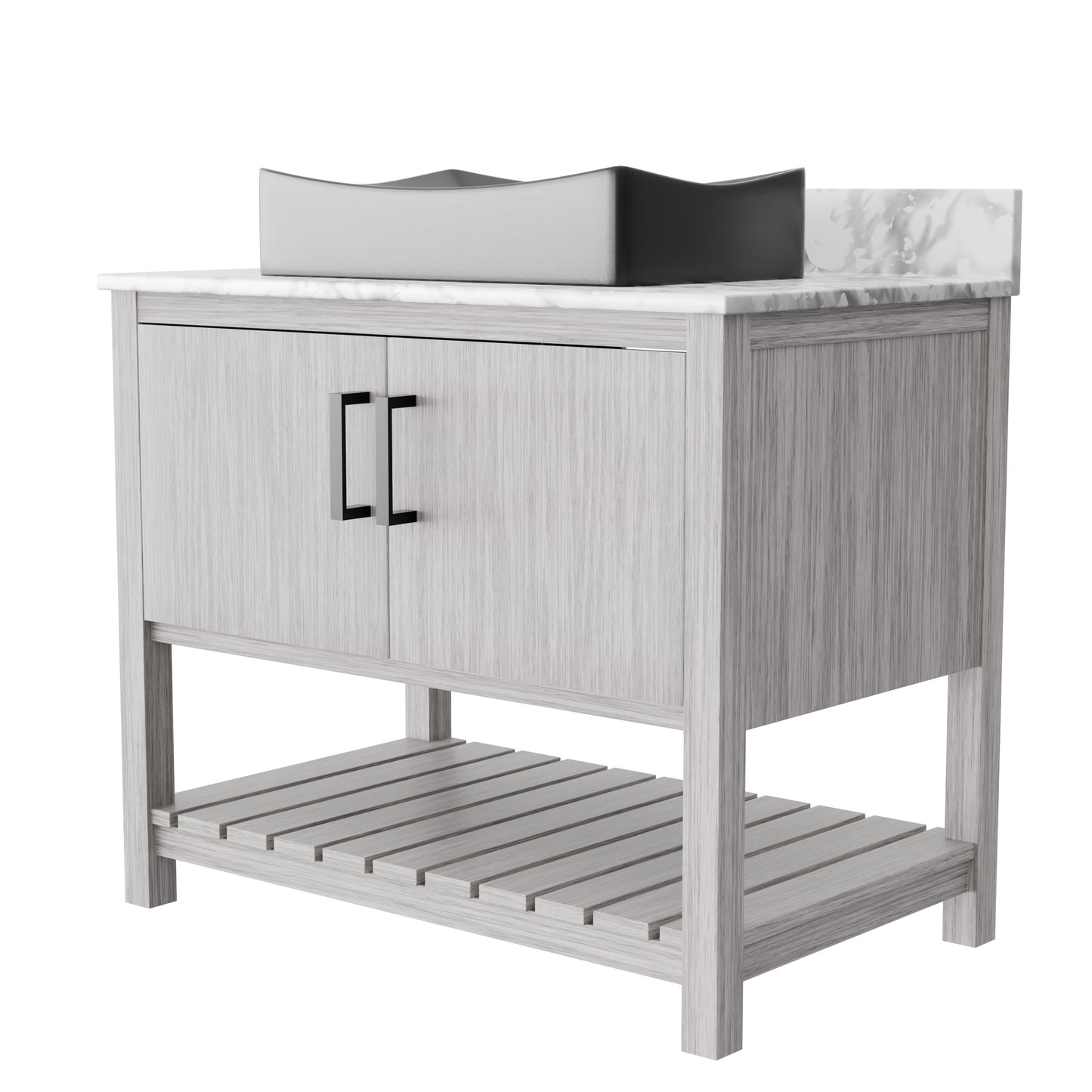 36-inch Novatto bath vanity with Carrara white marble countertop and sink, featuring a sleek modern design.