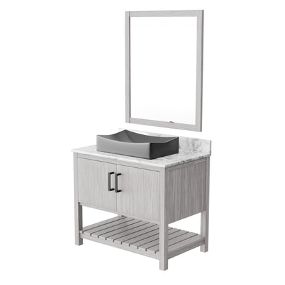 Novatto 36-inch bath vanity with Carrara white marble counter and integrated sink, modern bathroom accessory piece.