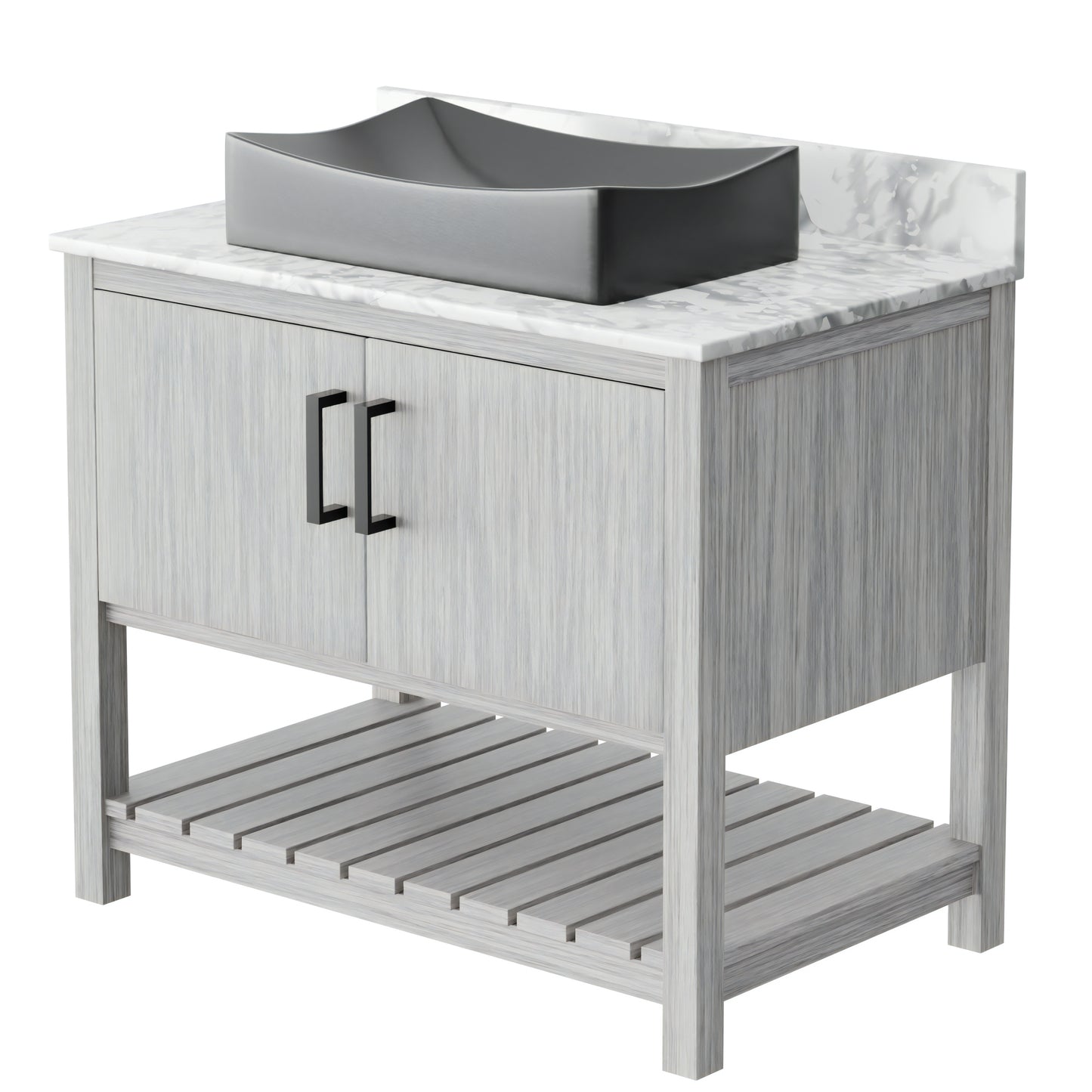 36-inch Novatto bath vanity with Carrara white marble counter and sink, featuring elegant bathroom accessory design.