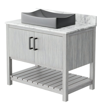 36-inch Novatto bath vanity with Carrara white marble counter and sink, featuring elegant bathroom accessory design.