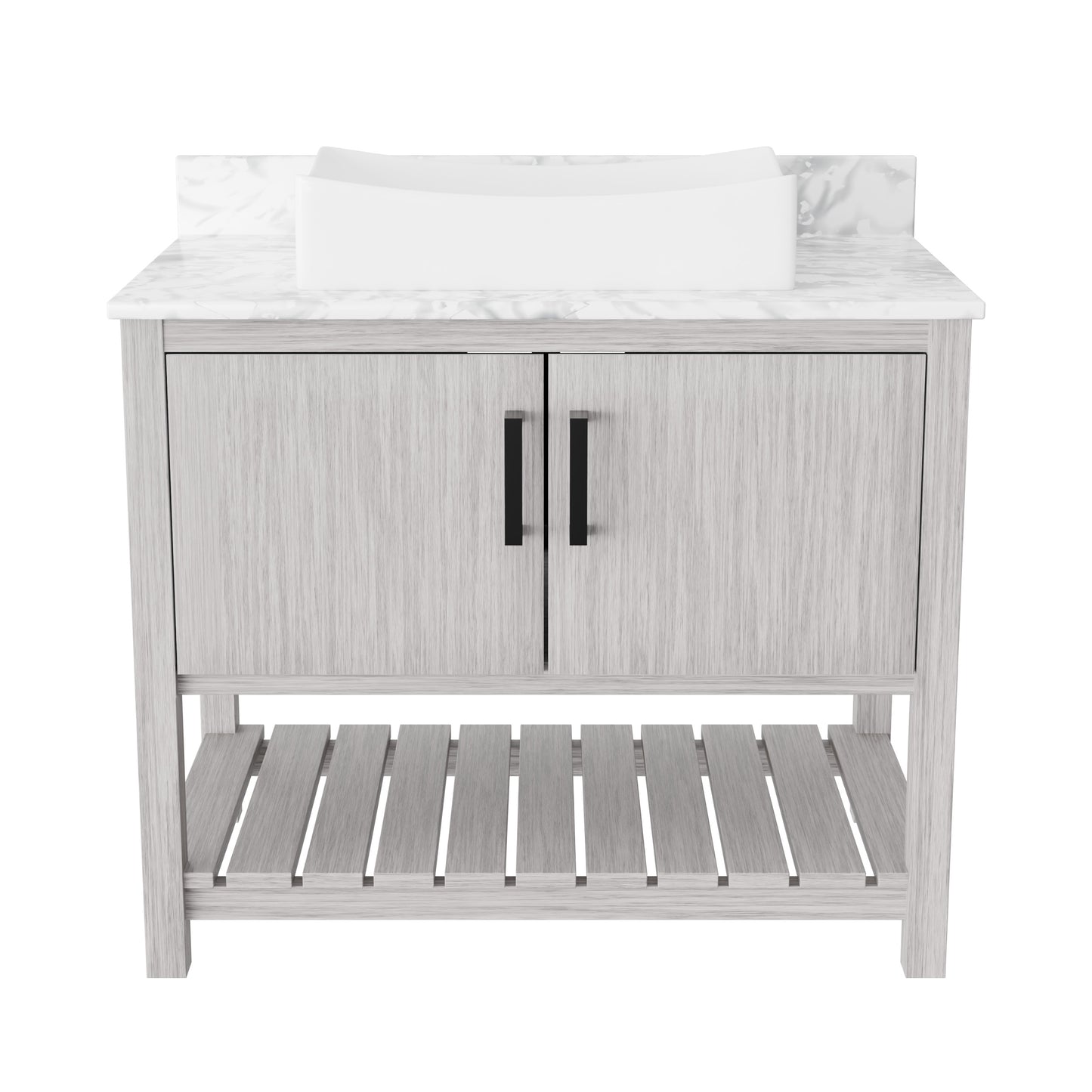 36-inch Novatto bath vanity with Carrara white marble countertop and built-in sink, shown from a front view.