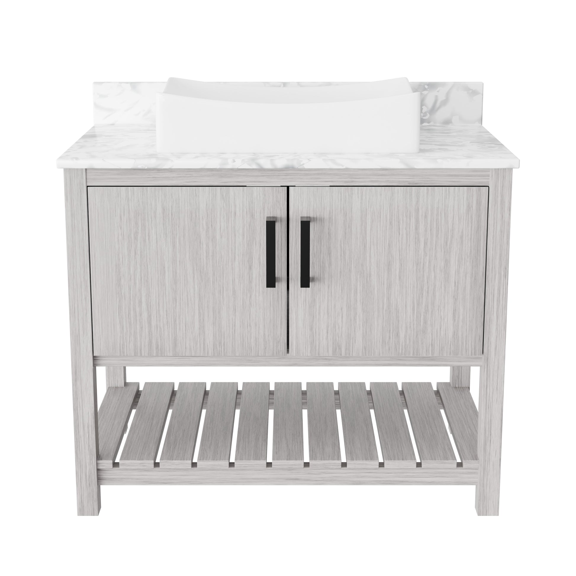 36-inch Novatto bath vanity with Carrara white marble countertop and built-in sink, shown from a front view.