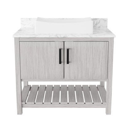 36-inch Novatto bath vanity with Carrara white marble countertop and built-in sink, shown from a front view.