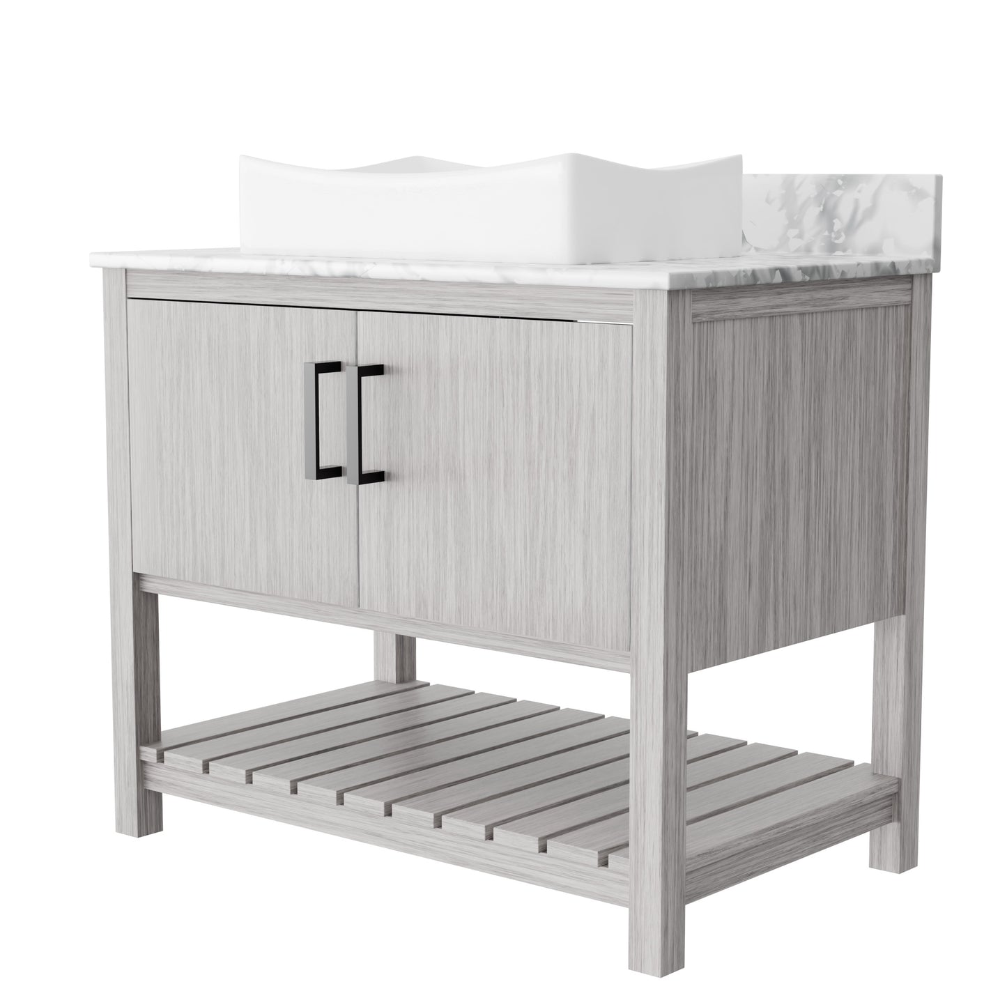 Novatto 36-inch bath vanity with Carrara white marble countertop and sink, featuring sleek modern design and durable construction.