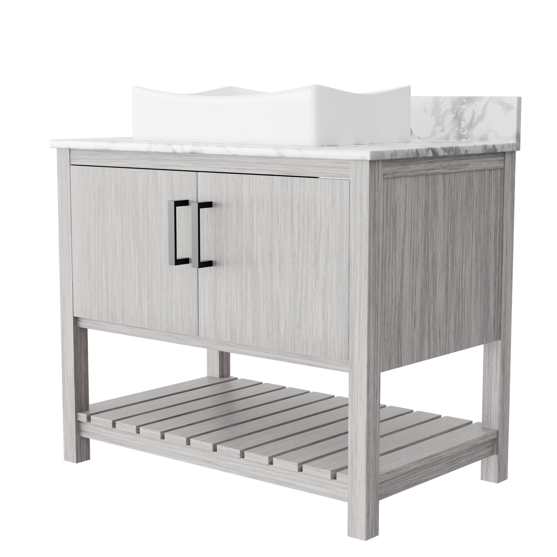 Novatto 36-inch bath vanity with Carrara white marble countertop and sink, featuring sleek modern design and durable construction.