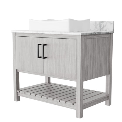 Novatto 36-inch bath vanity with Carrara white marble countertop and sink, featuring sleek modern design and durable construction.