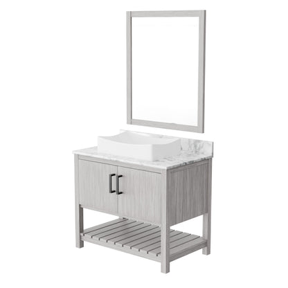 36-inch Novatto bath vanity with Carrara white marble countertop and integrated sink, showcasing elegant bathroom accessory design.