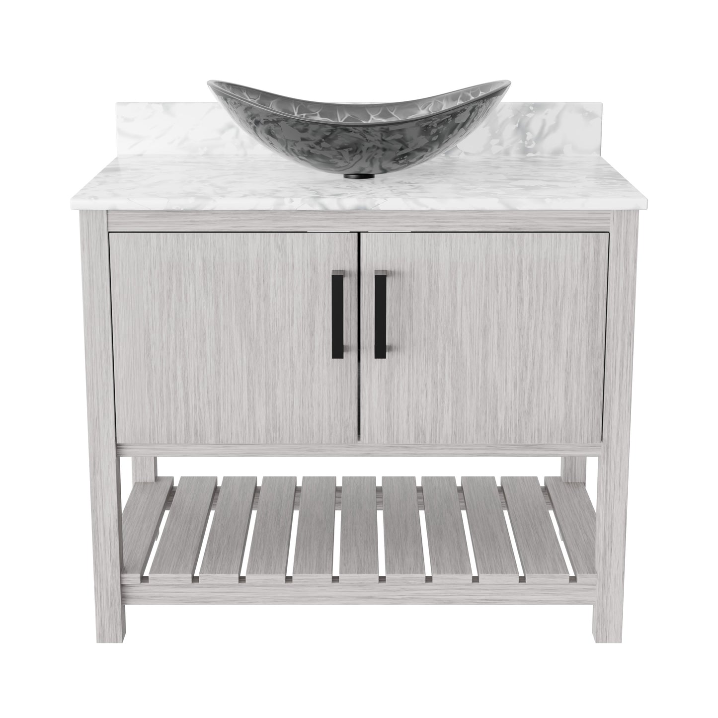 36-inch Novatto bath vanity with Carrara white marble countertop and integrated sink, featuring elegant accessory details.