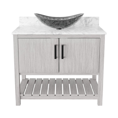 36-inch Novatto bath vanity with Carrara white marble countertop and integrated sink, featuring elegant accessory details.