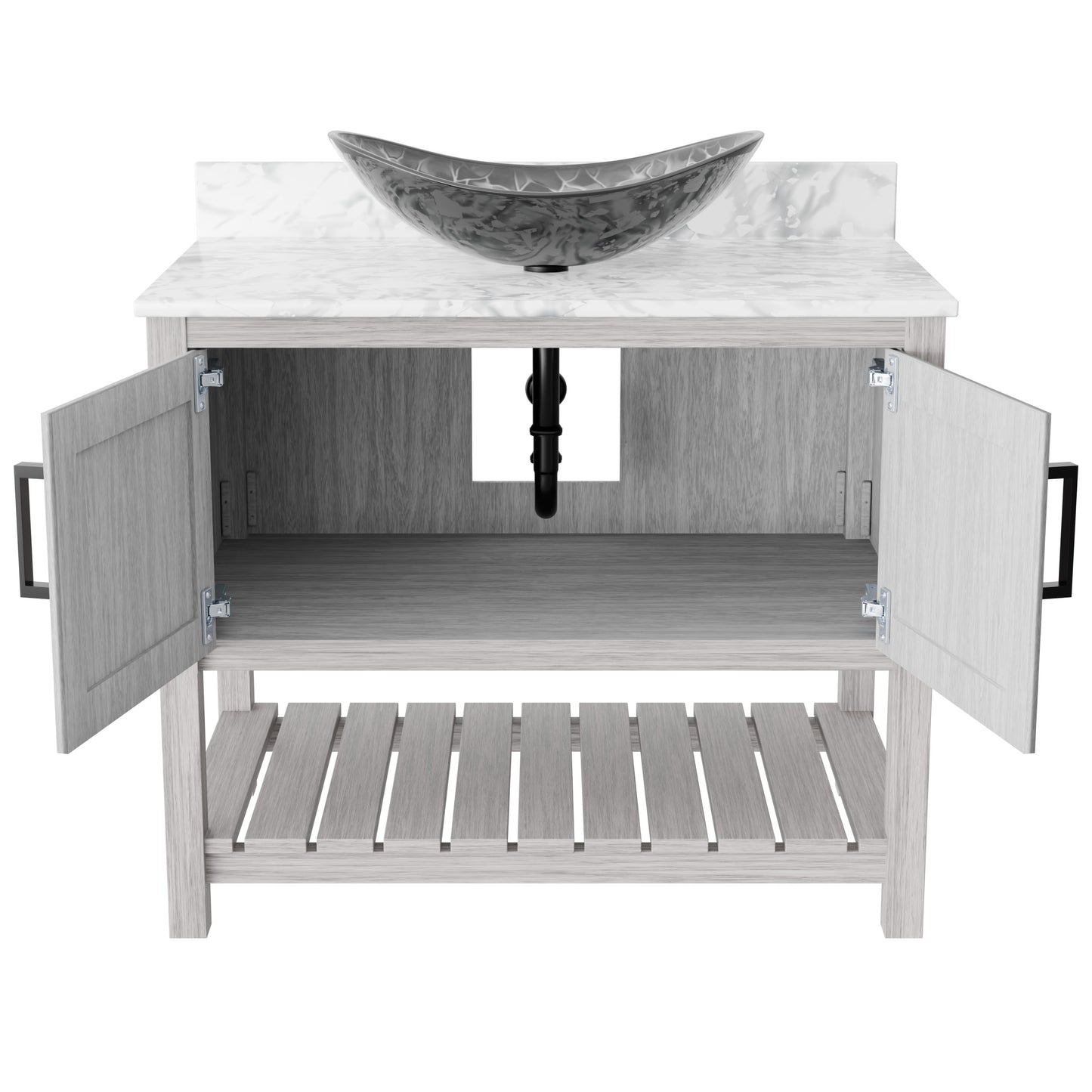 36-inch Novatto bath vanity with Carrara white marble counter and sink, showcasing elegant bathroom accessory design.