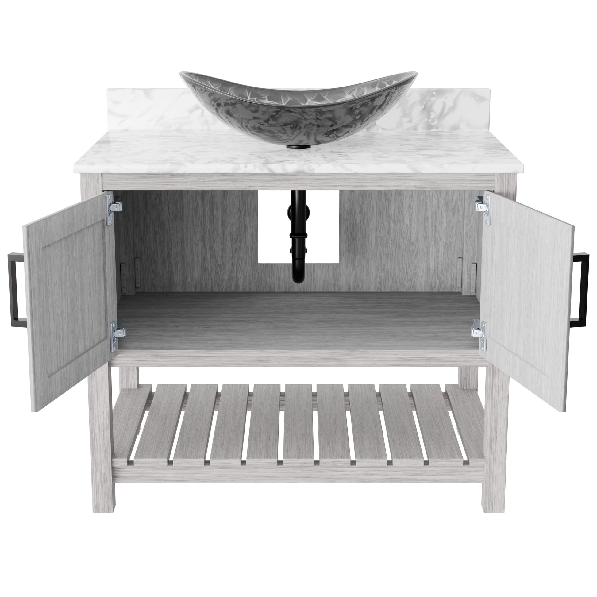 36-inch Novatto bath vanity with Carrara white marble counter and sink, showcasing elegant bathroom accessory design.