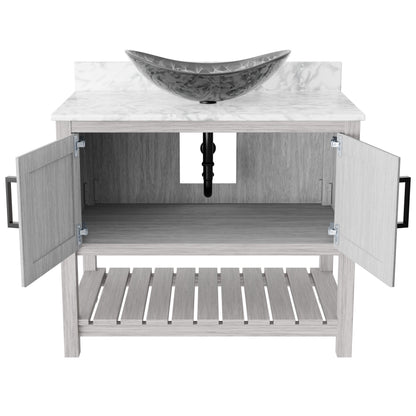 36-inch Novatto bath vanity with Carrara white marble counter and sink, showcasing elegant bathroom accessory design.