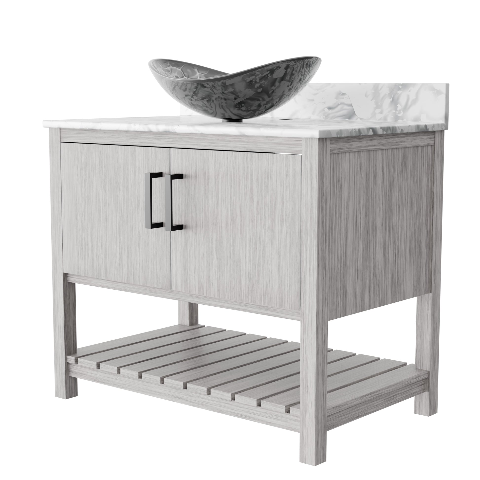 36-inch Novatto bath vanity with Carrara white marble countertop and integrated sink, showcasing elegant bathroom accessory design.