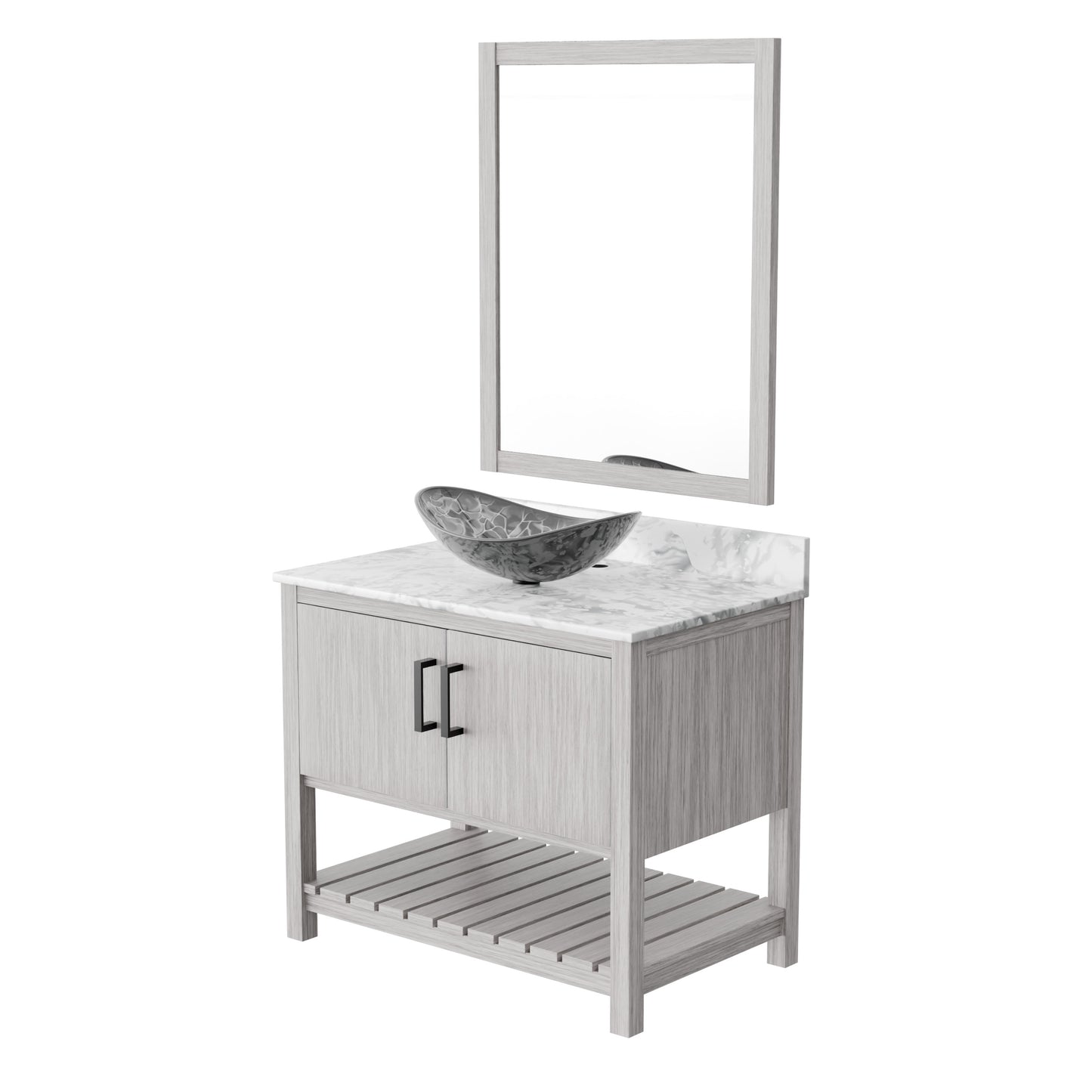 36-inch Novatto bath vanity with Carrara white marble counter and sink, showing the elegant design and polished surface.