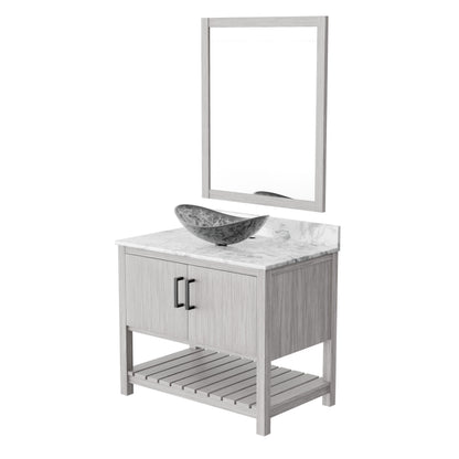 36-inch Novatto bath vanity with Carrara white marble counter and sink, showing the elegant design and polished surface.