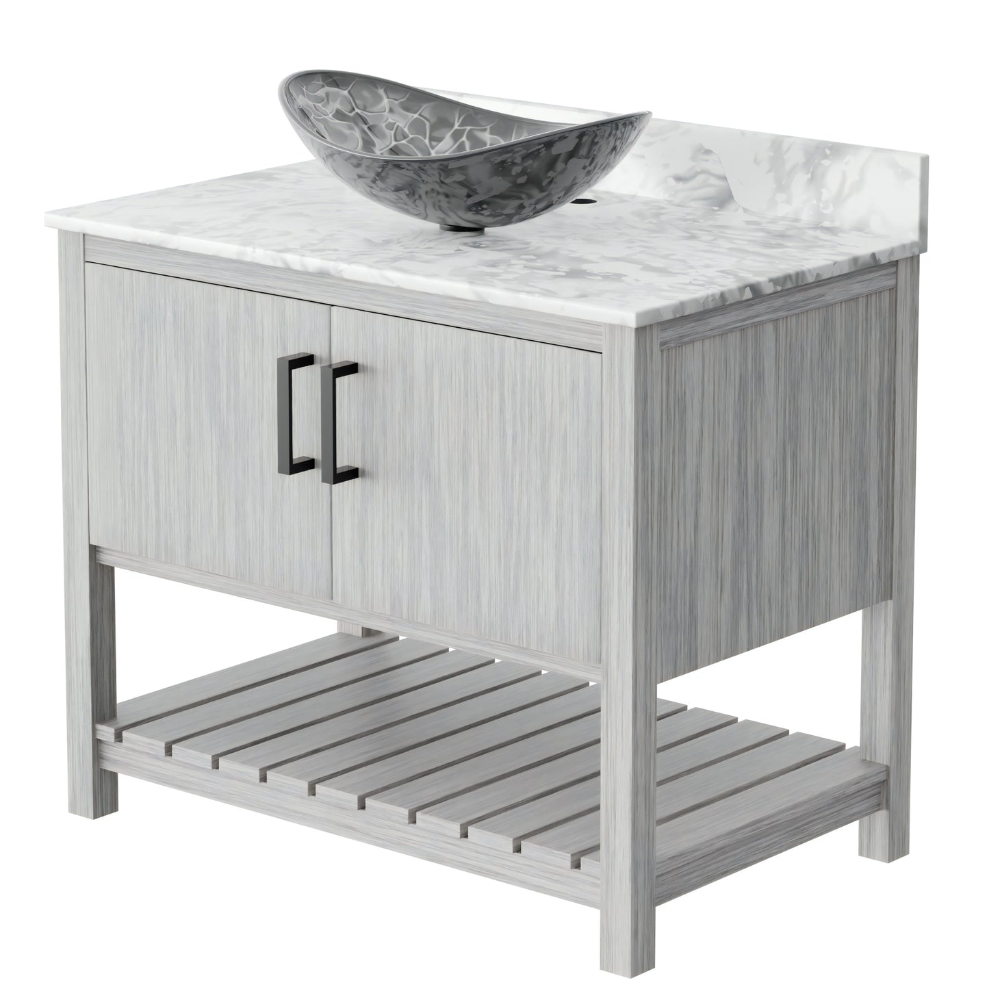 Novatto 36-inch bath vanity with Carrara white marble countertop and integrated sink, modern bathroom accessory.