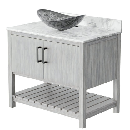 Novatto 36-inch bath vanity with Carrara white marble countertop and integrated sink, modern bathroom accessory.