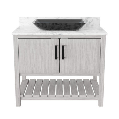 36-inch Novatto bath vanity with Carrara white marble countertop and integrated sink, showing sleek modern design and polished finish.