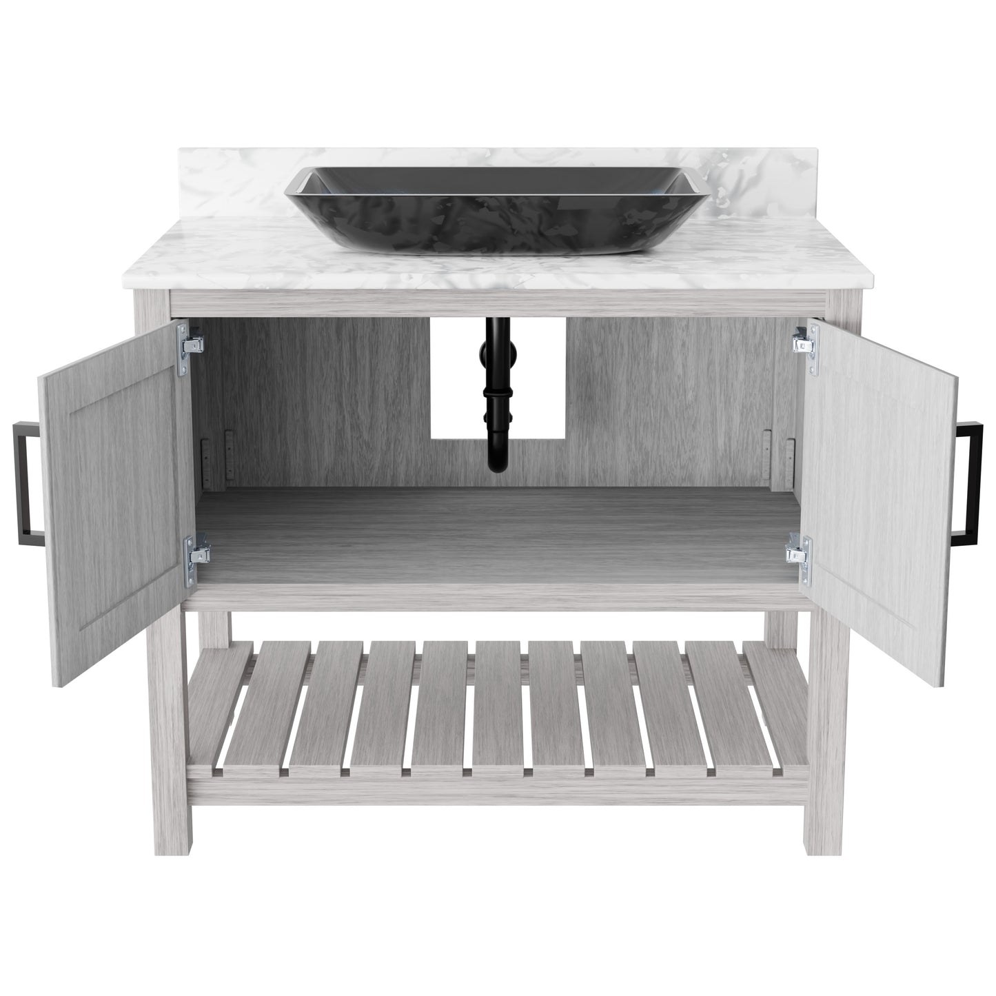 36-inch Novatto bath vanity with Carrara white marble countertop and integrated sink, showcasing elegant bathroom accessory design.