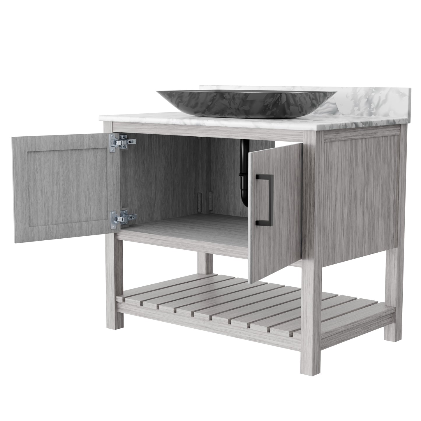 36-inch Novatto bath vanity with Carrara white marble countertop and sink, showcasing elegant bathroom accessory design