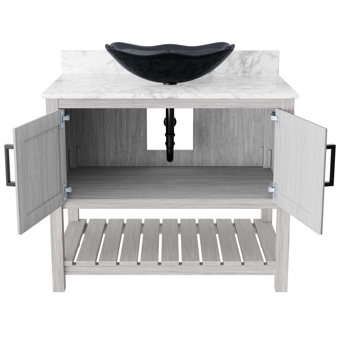 36-inch Novatto bath vanity with Carrara white marble counter and sink, showcasing elegant bathroom accessory design.
