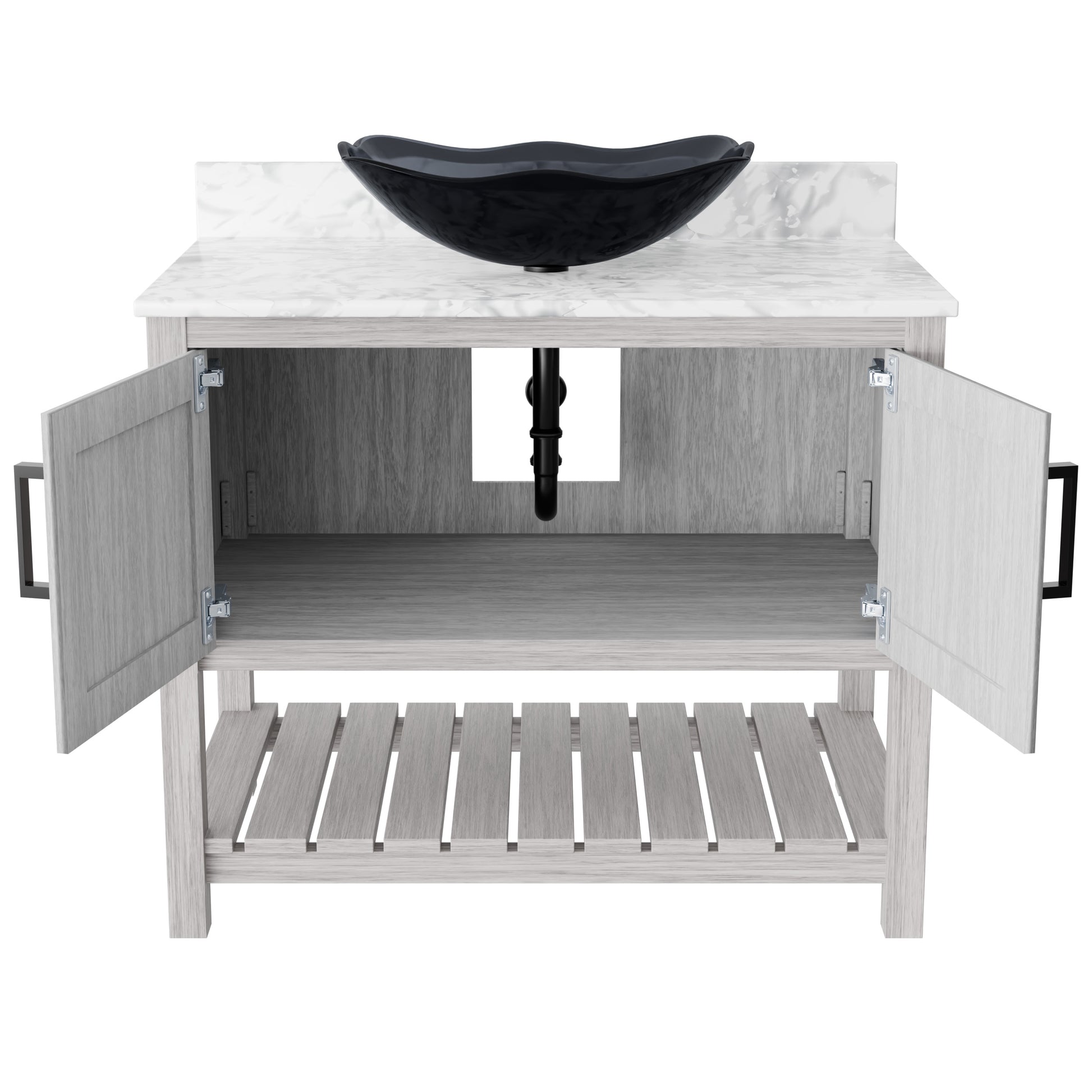 36-inch Novatto bath vanity with Carrara white marble counter and sink, showcasing elegant bathroom accessory design.