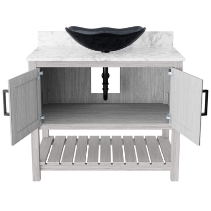 36-inch Novatto bath vanity with Carrara white marble counter and sink, showcasing elegant bathroom accessory design.