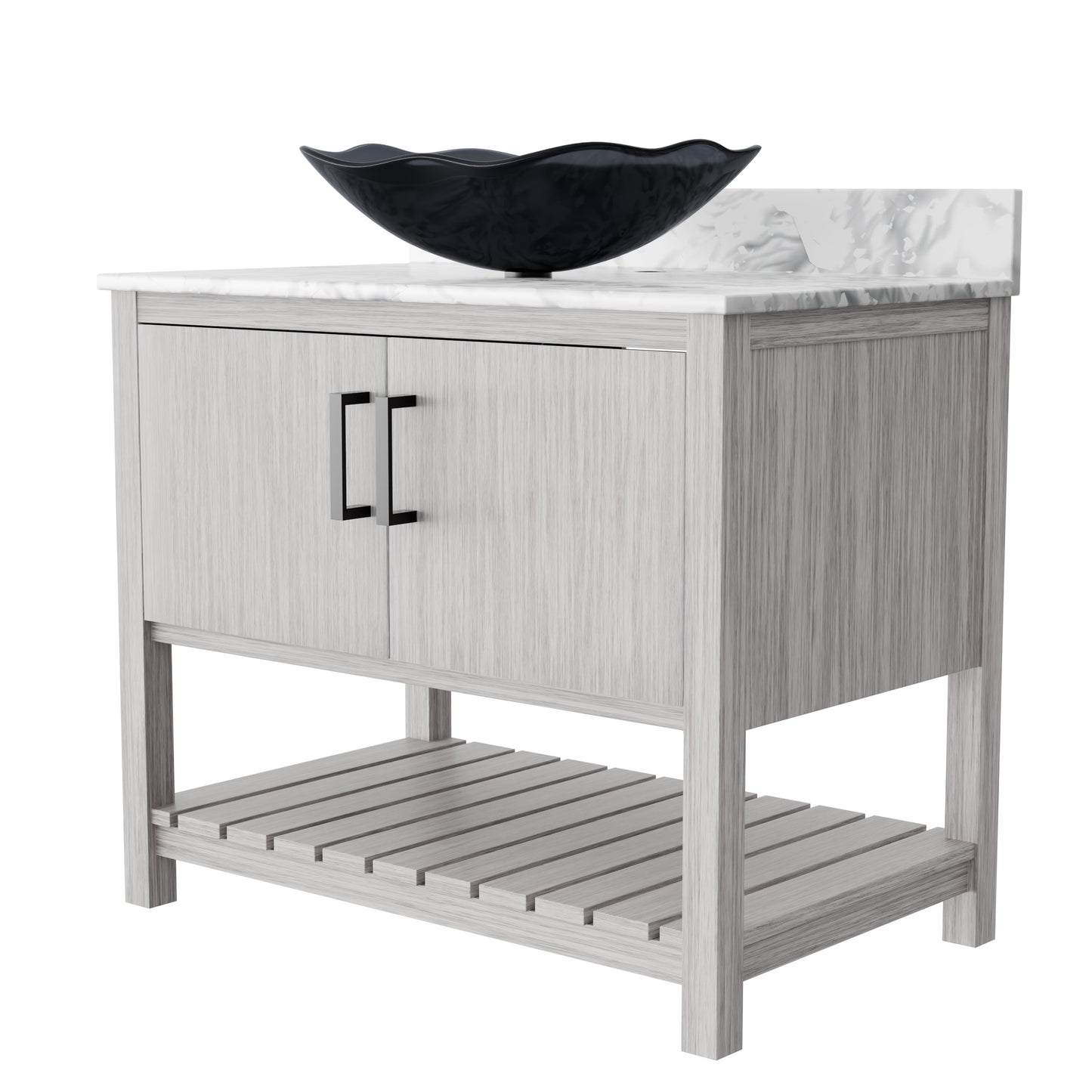 36-inch Novatto bath vanity with Carrara white marble countertop and integrated sink, showcasing elegant bathroom accessory design.