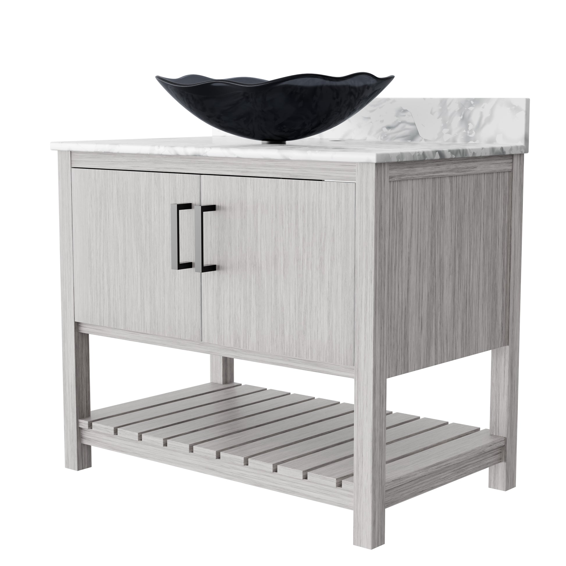 36-inch Novatto bath vanity with Carrara white marble countertop and integrated sink, showcasing elegant bathroom accessory design.