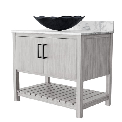 36-inch Novatto bath vanity with Carrara white marble countertop and integrated sink, showcasing elegant bathroom accessory design.