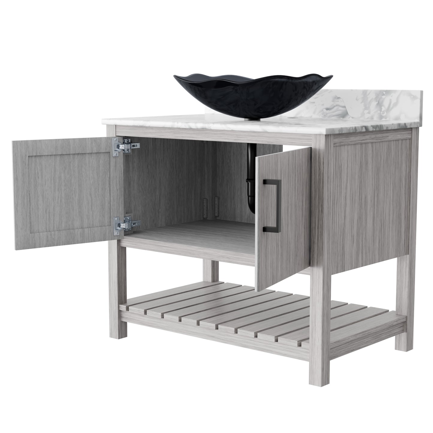 Novatto 36-inch bath vanity with Carrara white marble counter and integrated sink, featuring elegant design and durable construction.