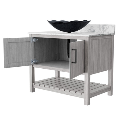Novatto 36-inch bath vanity with Carrara white marble counter and integrated sink, featuring elegant design and durable construction.