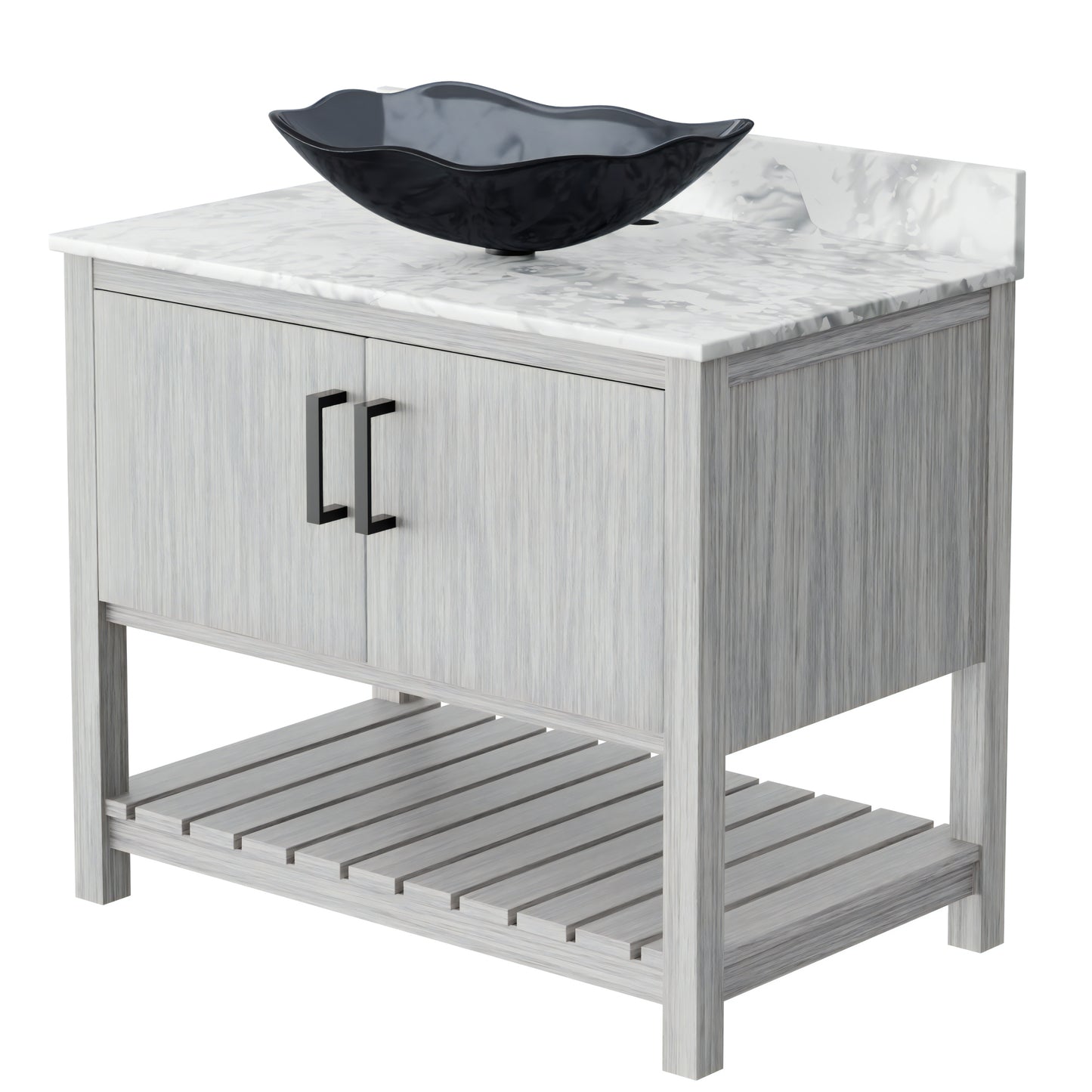 36-inch Novatto bath vanity with Carrara white marble counter and sink, showcasing elegant bathroom accessory design.