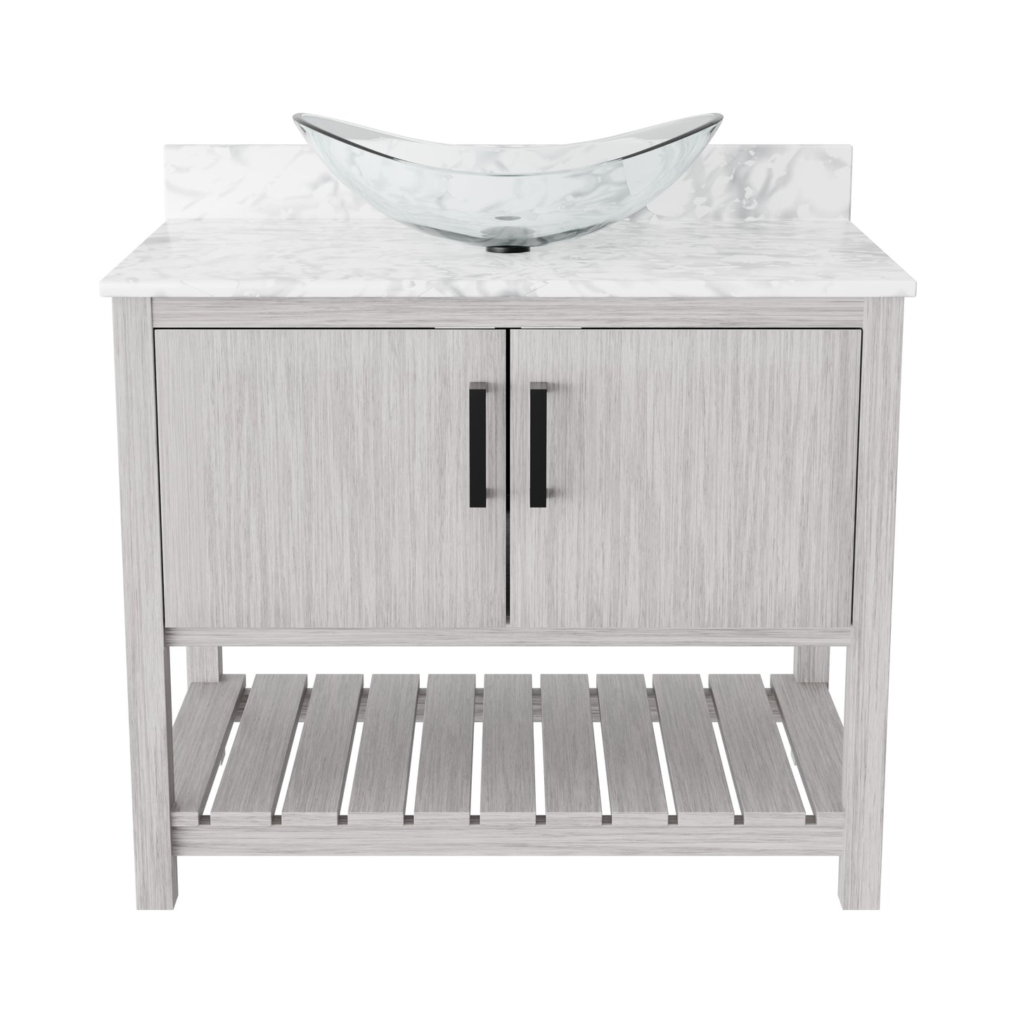 36-inch Novatto bathroom vanity with Carrara white marble counter and sink, showcasing sleek modern design and durable construction.