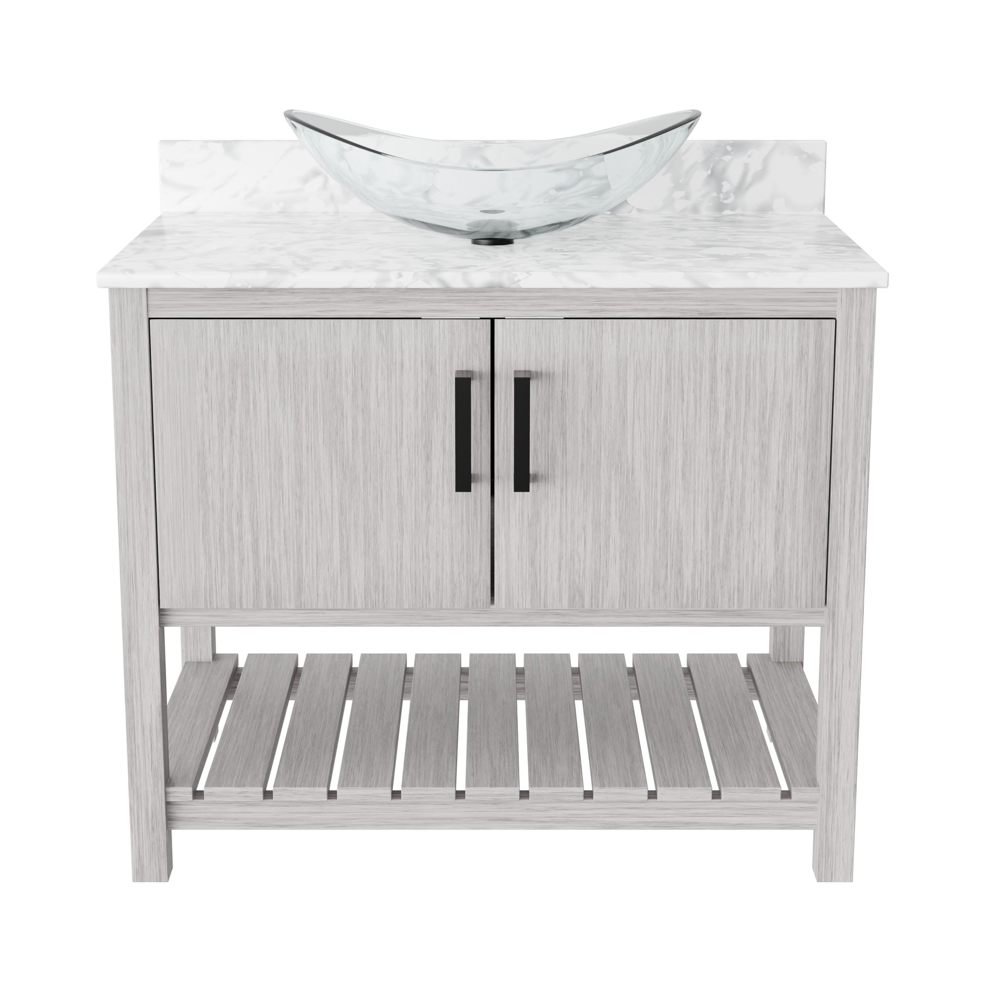 36-inch Novatto bathroom vanity with Carrara white marble counter and sink, showcasing sleek modern design and durable construction.