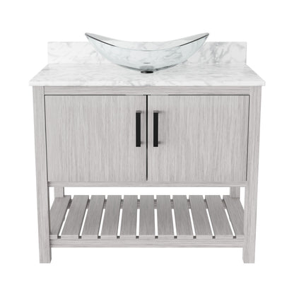 36-inch Novatto bathroom vanity with Carrara white marble counter and sink, showcasing sleek modern design and durable construction.